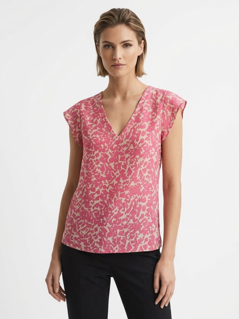 Sleeveless V-Neck Pink Print Top